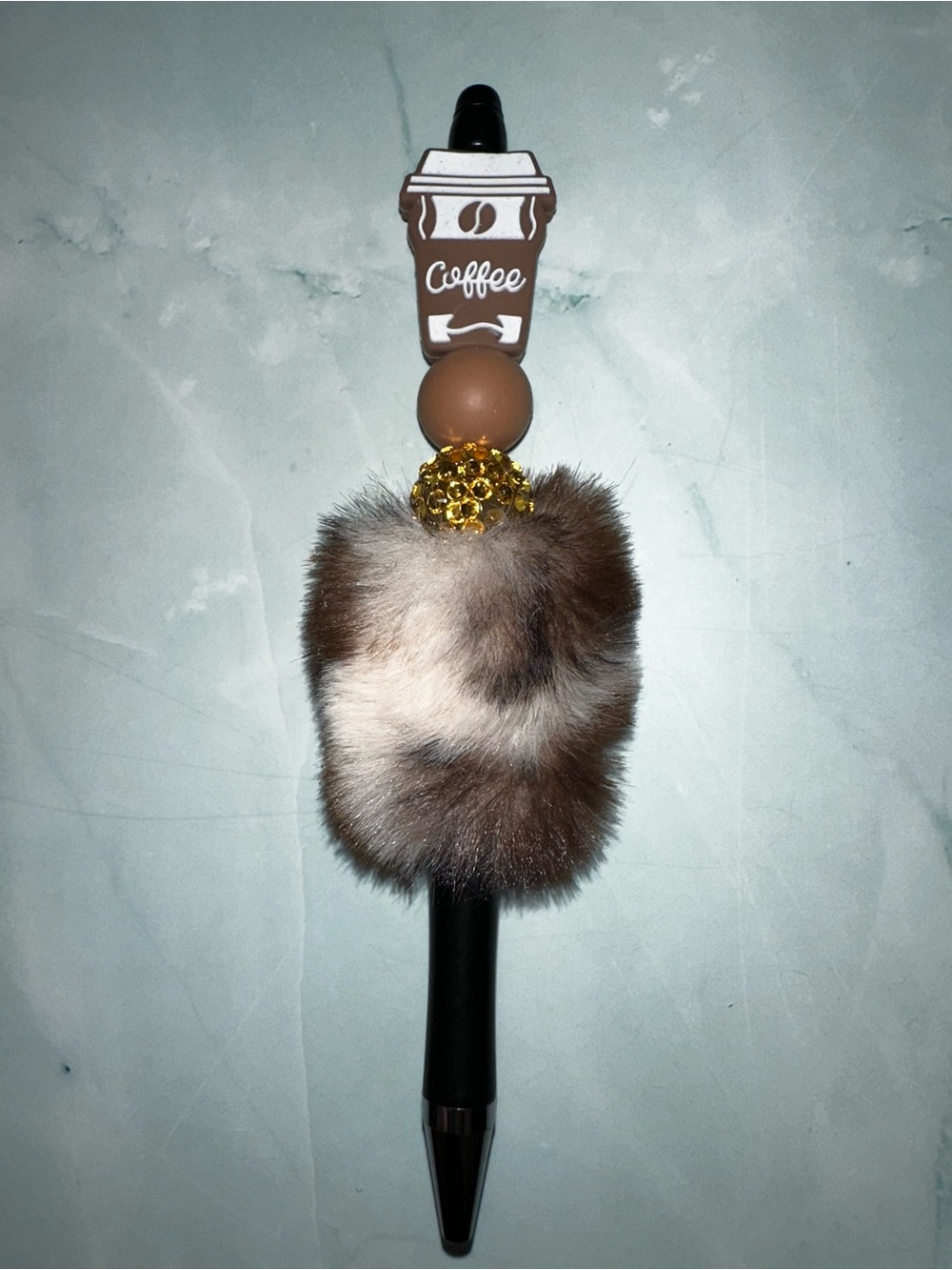 Coffee Charm Brown Big Fluffy Pen - Handmade